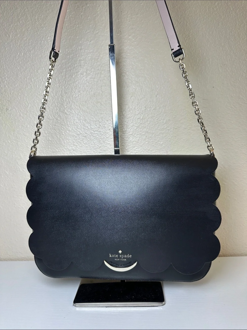 kate spade Black Scallop-Edge Leather Crossbody with Pink Interior